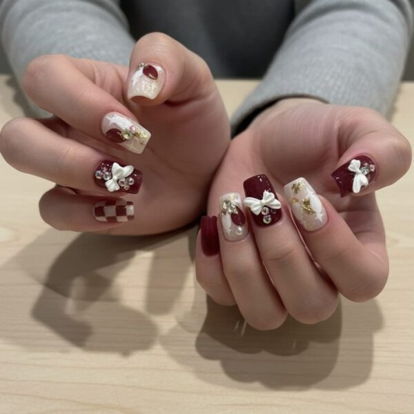 Maroon Diamond Bow 3D Art Square Nails