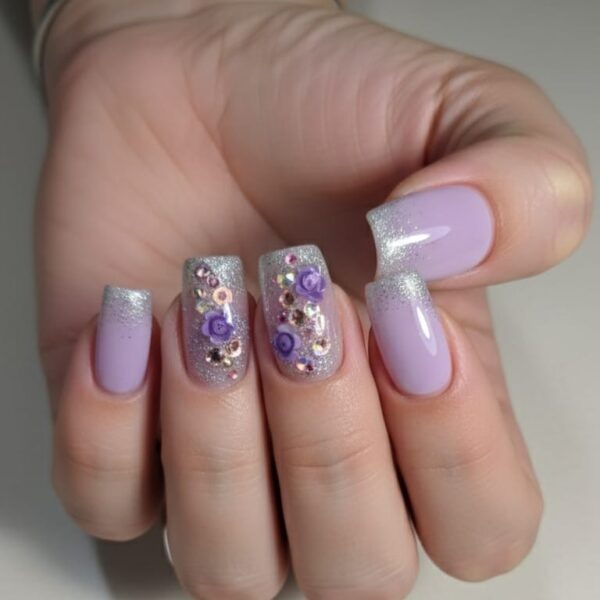 Lavender Diamond Rose 3D Art Square Nails